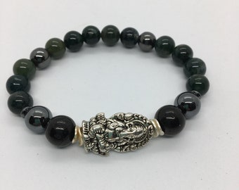 Grounding and Divine Connection ~ 8 and 10 mm ~ Shungite, Moss Agate and Hematite Reiki Charged Bracelet with A Ganesh Spacer