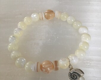 8mm and 10mm ~ Harmony ~ Mother of Pearl Reiki Charged Healing Bracelet with Sacred Spiral Charm