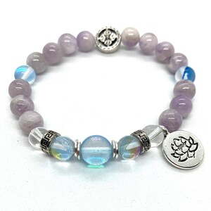 Starseed Awakenings ~ 8 and 12mm ~ Aqua Blue Mystic Aura, Mauve Jadeite and Clear Quartz Reiki Charged Bracelet with Lotus Charm