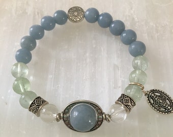 Harmony in Relationships ~ Archangel Chamuel ~ 8mm Angelite, Clear Quartz and Green Fluorite~ Reiki Charged Bracelet with Celtic Cross Charm