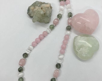 19"~ Rose Quartz, Selenite and Prehnite Reiki Charged Necklace with Toggle Clasp