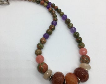 18'' ~ 8, 10, 12mm ~ Fire Agate, Red Aventurine, Amethyst, Unakite and Peach Moonstone Reiki Charged Necklace with Toggle Clasp