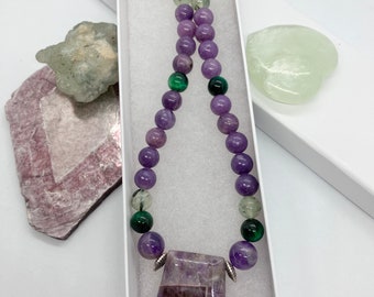 18" ~ Lepidolite, Prehnite and Amethyst Reiki Charged Necklace with Toggle Clasp