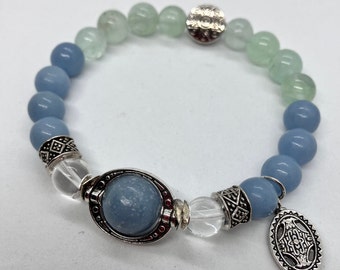 Harmony in Relationships ~ Archangel Chamuel ~ 8mm Angelite, Clear Quartz and Green Fluorite~ Reiki Charged Bracelet with Celtic Cross Charm