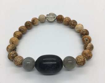 Earth Records~ 8mm and 10mm ~ Gray Jasper, Picture Jasper and Labradorite Reiki Charged Bracelet with Sacred Spiral Spacer