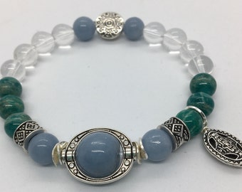 Archangel Sandalphon  ~ Harmony ~ 8 and 10mm Clear Quartz, Amazonite and Angelite Reiki Charged Healing Bracelet with Celtic Cross Charm