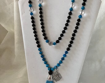 8mm and 10 mm Black Onyx, Apatite and Clear Quartz Reiki Charged Mala with Tassel