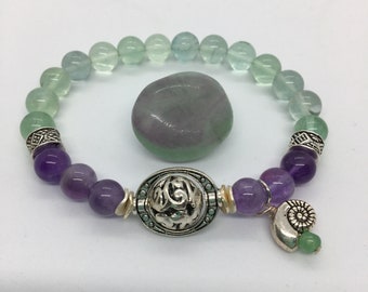 For Compassion ~ 8mm ~ Amethyst and Green Fluorite Reiki Charged Bracelet with Sacred Spiral Charm