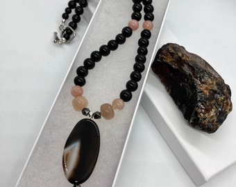 19" ~ 8 and 10 mm ~ Black Onyx, Agate and Peach Moonstone Reiki Charged Necklace with Togle Clasp