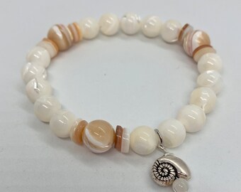 8mm and 10mm ~ Harmony ~ Mother of Pearl Reiki Charged Healing Bracelet with Sacred Spiral Charm