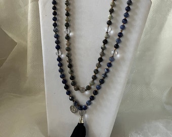 Mala~ 108 Beads~44"~ Picasso Stone, Sodalite and Clear Quartz Reiki Charged Mala Necklace