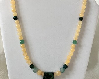 21"~ 10 and 8mm Aragonite, Green Aventurine, Moss Agate and Ryolite Reiki Charged Necklace with Toggle Clasp