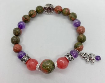 8, 10, 14 mm~ Unakite, Amethyst and Cherry Quartz Reiki Charged Bracelet with an Elephant Charm