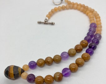 17" ~ 6. 8 and 20 mm Leaf Agate, Amethyst, Jasper and Agate Reiki Charged Necklace with Toggle Clasp