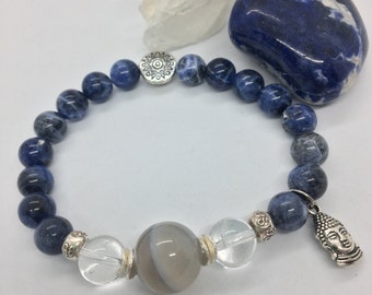 Harmony ~ 8, 10, 12mm ~ White Agate, Sodalite and Clear Quartz Bracelet Reiki Charged for Healing, Ohm Spacers and Buddha Charm