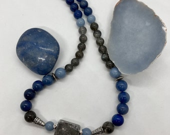 19" ~ 10 and 8mm ~ Gray Jasper, Angelite, Labradorite, Blue Aventurine Reiki Charged Necklace with Toggle Clasp