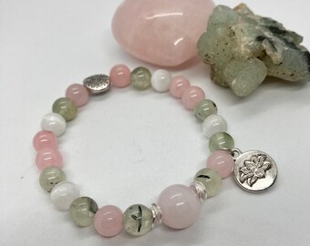 Healing the Healer-8 and 10mm Prehnite, Rose Quartz and Selenite Bracelet Reiki Charged with Lotus Charm