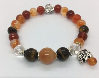 Life Force ~ 8 and 10mm Carnelian, Tiger Eye and Clear Quartz Reiki Charged Healing Bracelet and Elephant Charm