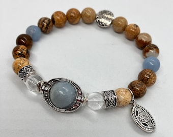 Earth Healing ~ Earth Angel ~ 8mm Angelite, Clear Quartz and Picture Jasper ~ Reiki Charged  Bracelet with Celtic Cross Charm