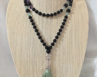 8mm and 10 mm Black Onyx and Fluorite Reiki Charged Mala with Tassel