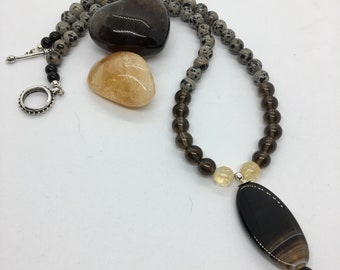 20" ~ Dalmatian Jasper, Citrine, Agate, Smokey Quartz Reiki Charged Necklace with a Toggle Clasp