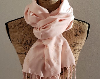 Crazy Horse by liz claiborne baby pink viscose fringed scarf with floral stitched detail and tiny glam accents