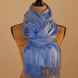 Large oversized powder blue super soft fringed wrap scarf or shawl