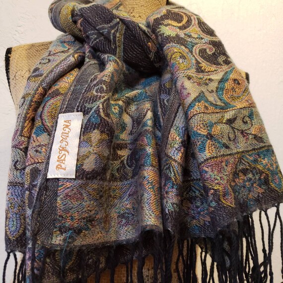 Dark pastel fringed pashmina oversized scarf shaw… - image 4