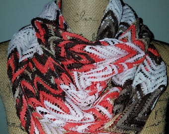 G acrylic zigzag design orange gold brown and white infinity scarf