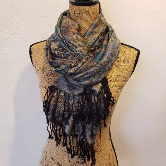 Dark pastel fringed pashmina oversized scarf shaw… - image 1