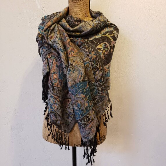 Dark pastel fringed pashmina oversized scarf shaw… - image 5