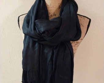 Large vintage black scarf with fringe