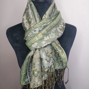 Large vintage green hand stitched scarf with fringe and gold detail