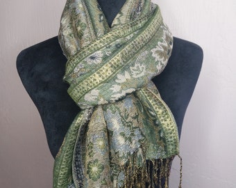 Large vintage green hand stitched scarf with fringe and gold detail