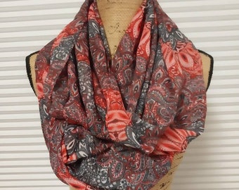 Beautiful silky oversized infinity scarf with red pink and gray detail