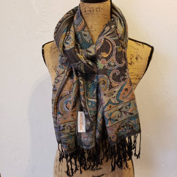 Dark pastel fringed pashmina oversized scarf shaw… - image 3