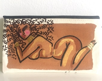 Handpainted Black Girl Art, Boho Zipper Purse Makeup Bag, Pencil Case, Toiletry Travel Case, Black Girl , Black Woman Art, Feminist Art,