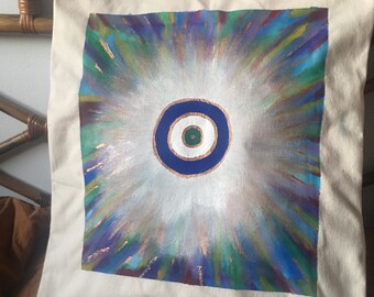 Evil Eye Decorative Pillow, Bohemian Home Decor, Protection/Ward/No Bad Vibes Handmade Square Cushion Cover, Blue Eye Pillow
