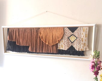 Framed Macrame Handpainted Tribal Design, Modern Fibre Art, Bohemian Home Decor