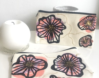 Floral Zipper Purse, Handpainted Pink and Purple Make up Bag, Purse, Travel Bag, Cotton Purse, Modern Abstract Floral Design, Gold Detail