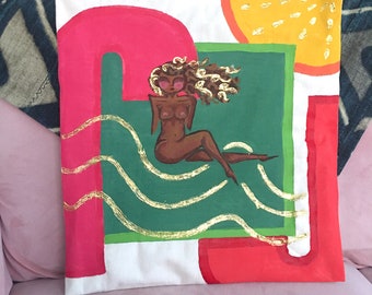 Decorative Throw Pillow, Bohemian Woman Square Pillow, Handpainted Black Girl Art, Black Woman Art,  Bright Colour Pillow, Couch Cushion