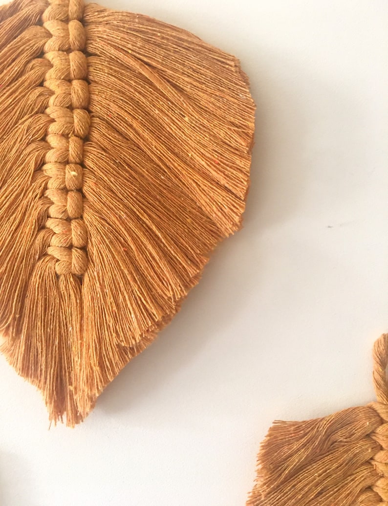 Puede incluir: Dos tapices de pared de plumas de macram&eacute; de color mostaza con detalles de flecos.