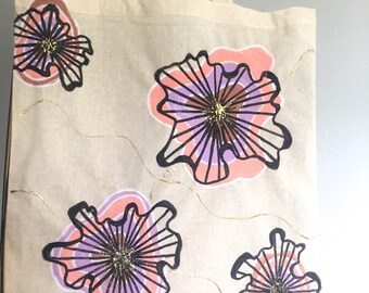 Handpainted Tote Bag, Cotton Reusable bag, Grocery Tote Bag, Abstract Floral Design, Pink Purple