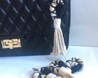 Black and White Wrapped Tassel Keychain, Modern Macrame Keychain/ Purse Charm