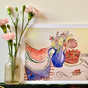 Sommer Picknick, ein Vintage inspiriertes Aquarell Illustration Druck Von Mackenzie Seide