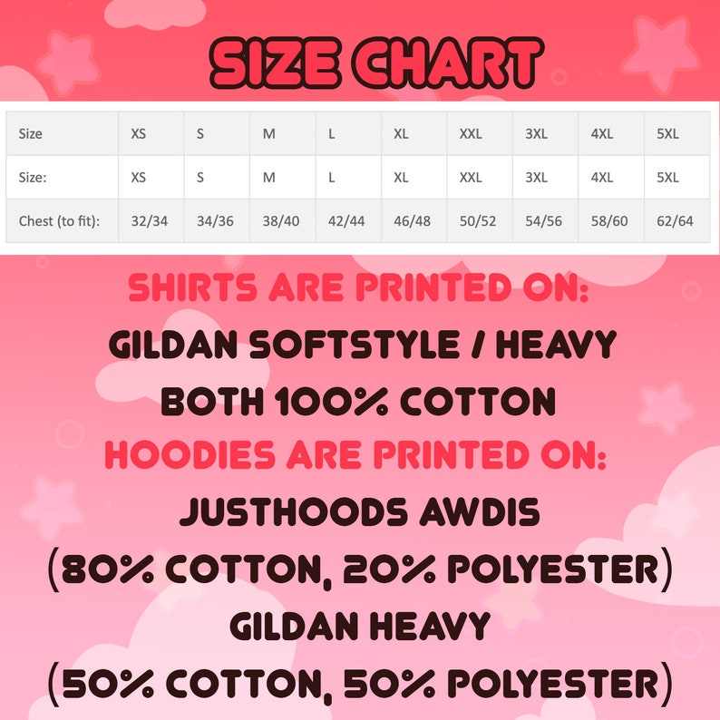 Puede incluir: Tabla de tallas para camisetas y sudaderas. Las camisetas se imprimen en Gildan Softstyle/Heavy 100% algod&oacute;n. Las sudaderas se imprimen en Just Hoods Awdis 80% algod&oacute;n, 20% poli&eacute;ster o Gildan Heavy 50% algod&oacute;n, 50% poli&eacute;ster.