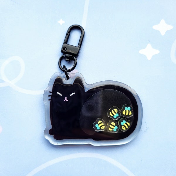 Black Cat with Bees, Cute Animal, Interactive Shaker Acrylic Charm Keychain for Bags, Keys and Accessories