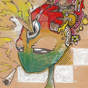 May include: A colorful, abstract illustration of a green alien with a third eye, smoking a pipe. The alien's head is filled with swirling patterns and a yellow cloud of smoke. The alien is wearing a pink shirt and has a small, smiling creature with a third eye on its chest.