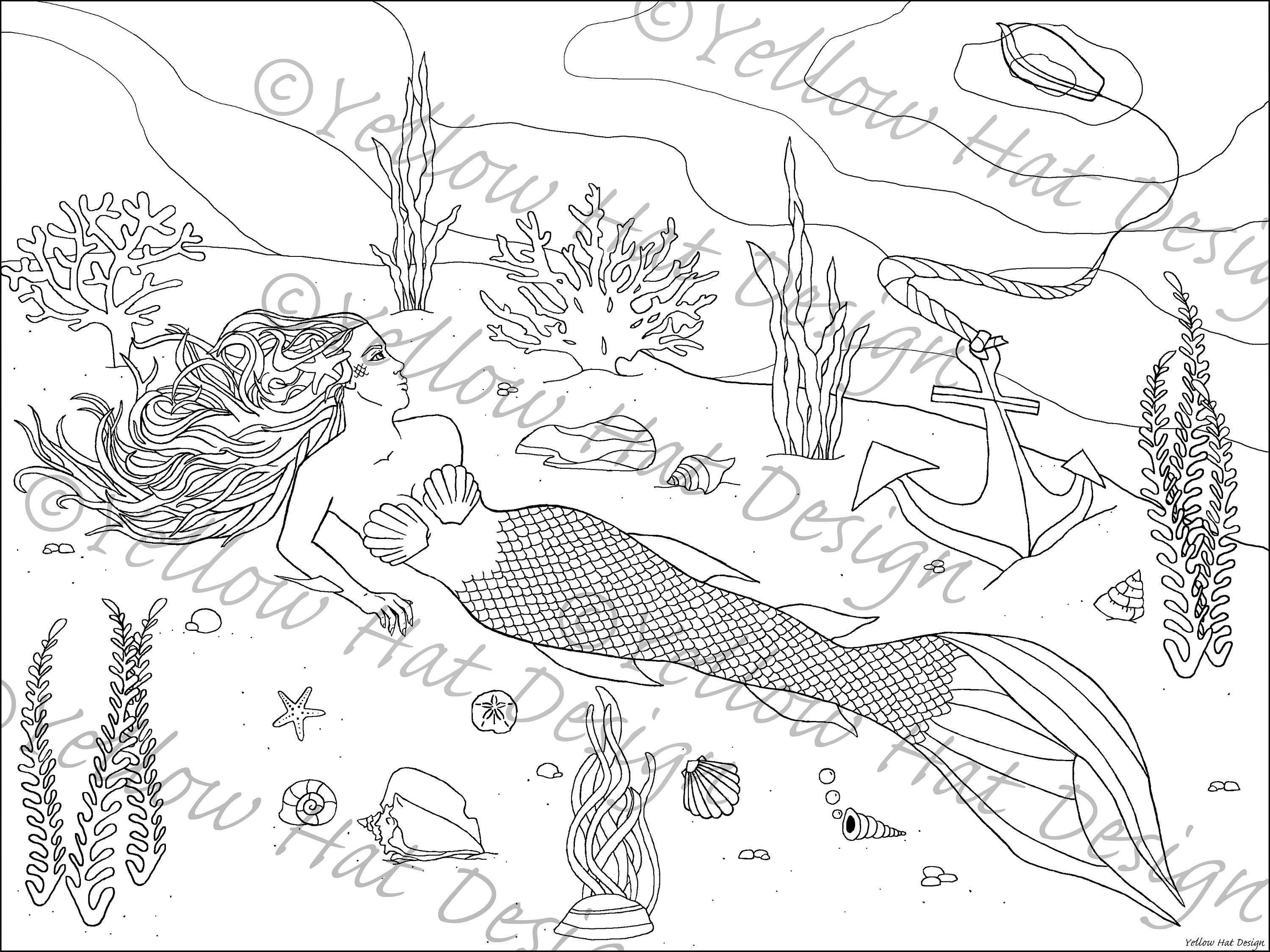 Mermaid Coloring Page Under the Sea Coloring Page Anchor | Etsy