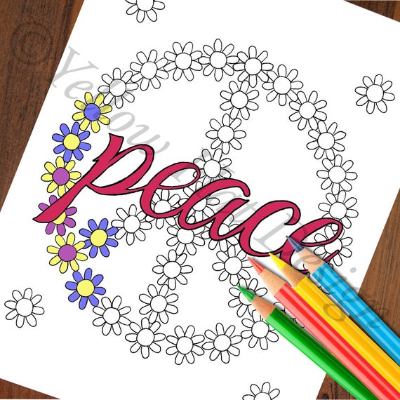 Peace Flowers Adult Coloring Page | Etsy